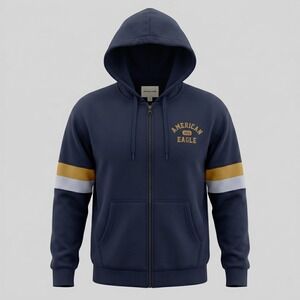 American Eagle Mens Medium Navy Blue Zip Hoodie USA Graphic Colorblock Stripe